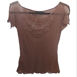 👄RARE👄 The Limited 90s Y2K Tan Sequin Mesh Flutter Sleeve Scoop Neck To